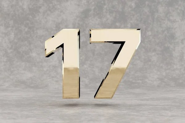 黄金3D号17号混凝土背景上光滑的金色数字 金属数字与工作室光反射 3D渲染 — 图库照片