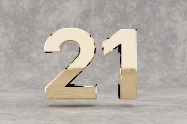 金の3D番号21 具体的な背景に光沢のある黄金の番号 スタジオの光の反射と金属桁 3Dレンダリング — ストック写真