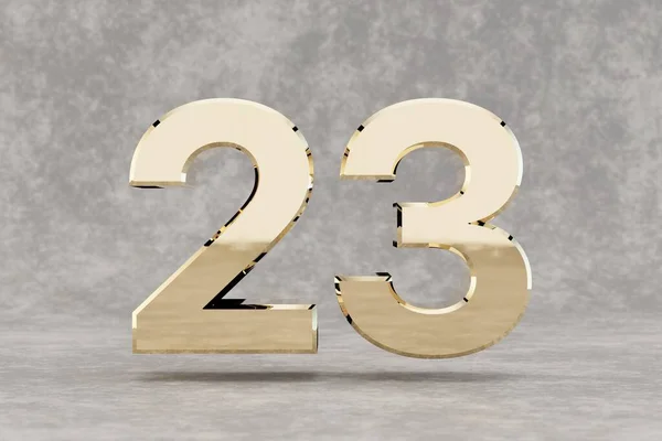 黄金3D号23号混凝土背景上光滑的金色数字 金属数字与工作室光反射 3D渲染 — 图库照片