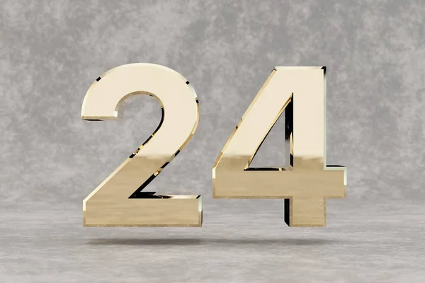 黄金3D号24号混凝土背景上光滑的金色数字 金属数字与工作室光反射 3D渲染 — 图库照片