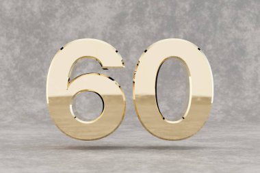 Altın 3D numara 60. Beton arka planda parlak altın bir rakam. Stüdyonun ışık yansımaları olan metalik bir rakam. 3d hazırlayıcı.
