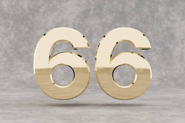 66 numaralı altın 3d. Beton arka planda parlak altın bir rakam. Stüdyonun ışık yansımaları olan metalik bir rakam. 3d hazırlayıcı.