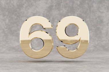 Altın 3D numara 69. Beton arka planda parlak altın bir rakam. Stüdyonun ışık yansımaları olan metalik bir rakam. 3d hazırlayıcı.