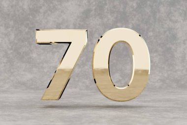 Altın 3D numara 70. Beton arka planda parlak altın bir rakam. Stüdyonun ışık yansımaları olan metalik bir rakam. 3d hazırlayıcı.
