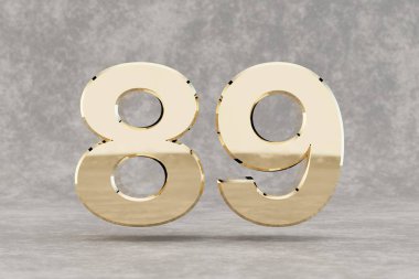 Altın 3D numara 89. Beton arka planda parlak altın bir rakam. Stüdyonun ışık yansımaları olan metalik bir rakam. 3d hazırlayıcı.