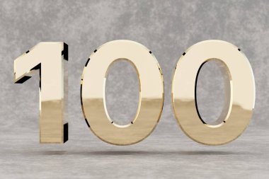 Altın 3D numara 100. Beton arka planda parlak altın bir rakam. Stüdyonun ışık yansımaları olan metalik bir rakam. 3d hazırlayıcı.