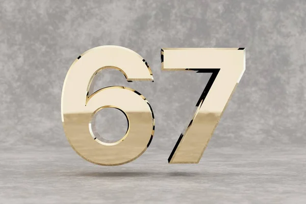 金の３次元番号67 具体的な背景に光沢のある黄金の番号 スタジオの光の反射と金属桁 3Dレンダリング — ストック写真