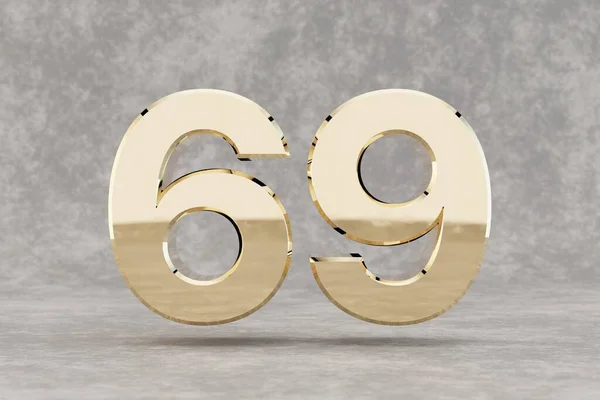 金の3D番号69 具体的な背景に光沢のある黄金の番号 スタジオの光の反射と金属桁 3Dレンダリング — ストック写真