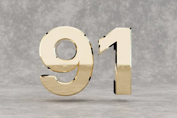 ゴールド3D番号91 具体的な背景に光沢のある黄金の番号 スタジオの光の反射と金属桁 3Dレンダリング — ストック写真