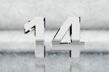 Krom 3D numara 14. Çizik metal arka planda parlak krom numara. Stüdyonun ışık yansımaları olan metalik bir rakam. 3d hazırlayıcı.