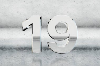 Krom 3D numara 19. Çizik metal arka planda parlak krom numara. Stüdyonun ışık yansımaları olan metalik bir rakam. 3d hazırlayıcı.