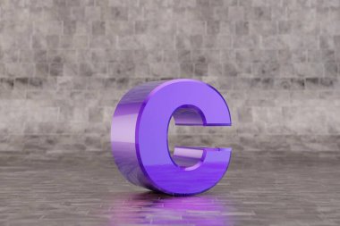 Violet 3d harfi C küçük harf. Fayans zemininde parlak bir çivit harfi. Stüdyo ışık yansımalı metal alfabe. 3d oluşturulmuş yazı tipi karakteri.