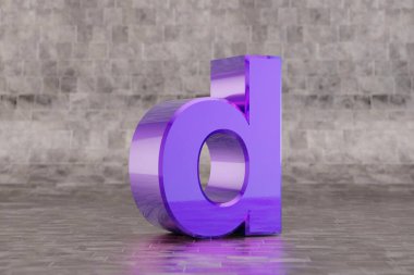Violet 3d harfi D küçük harf. Fayans zemininde parlak bir çivit harfi. Stüdyo ışık yansımalı metal alfabe. 3d oluşturulmuş yazı tipi karakteri.