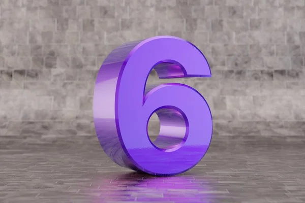 紫罗兰3D 6号瓷砖背景上光滑的靛蓝编号 带有演播室光反射的金属字母 3D渲染字体字符 — 图库照片