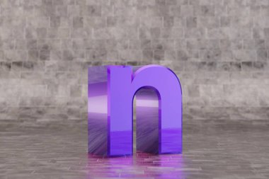 Violet 3d harfi N küçük harf. Fayans zemininde parlak bir çivit harfi. Stüdyo ışık yansımalı metal alfabe. 3d oluşturulmuş yazı tipi karakteri.