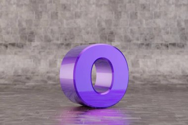 Violet 3D harf O küçük harf. Fayans zemininde parlak bir çivit harfi. Stüdyo ışık yansımalı metal alfabe. 3d oluşturulmuş yazı tipi karakteri.