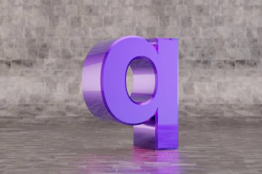 Violet 3D Q harfi küçük harf. Fayans zemininde parlak bir çivit harfi. Stüdyo ışık yansımalı metal alfabe. 3d oluşturulmuş yazı tipi karakteri.