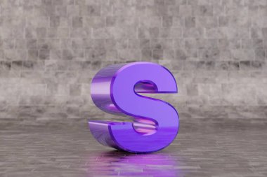 Violet 3d harfi küçük S harfi. Fayans zemininde parlak bir çivit harfi. Stüdyo ışık yansımalı metal alfabe. 3d oluşturulmuş yazı tipi karakteri.