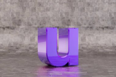 Violet 3d harfli U küçük harfi. Fayans zemininde parlak bir çivit harfi. Stüdyo ışık yansımalı metal alfabe. 3d oluşturulmuş yazı tipi karakteri.