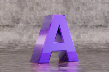 Violet 3d harfi A büyük harf. Fayans zemininde parlak bir çivit harfi. Stüdyo ışık yansımalı metal alfabe. 3d oluşturulmuş yazı tipi karakteri.
