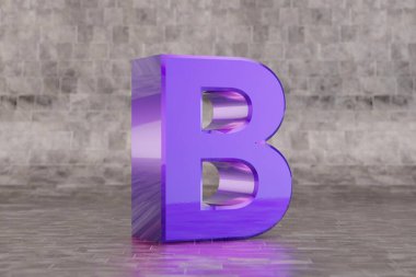 Violet 3d harfi B büyük harf. Fayans zemininde parlak bir çivit harfi. Stüdyo ışık yansımalı metal alfabe. 3d oluşturulmuş yazı tipi karakteri.