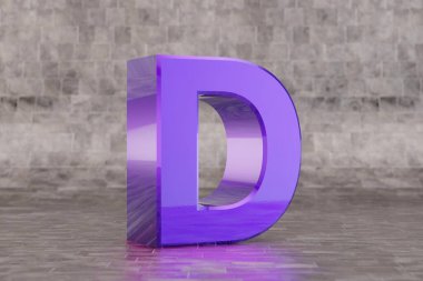 Violet 3d harfli D büyük harf. Fayans zemininde parlak bir çivit harfi. Stüdyo ışık yansımalı metal alfabe. 3d oluşturulmuş yazı tipi karakteri.