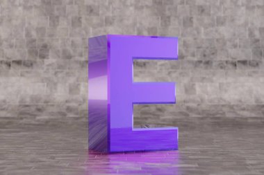 Violet 3d harfi E büyük harf. Fayans zemininde parlak bir çivit harfi. Stüdyo ışık yansımalı metal alfabe. 3d oluşturulmuş yazı tipi karakteri.