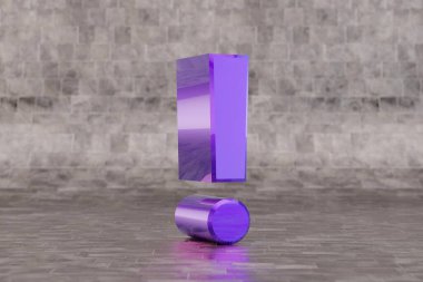 Violet 3D ünlem sembolü. Fayans zemininde parlak çivit tabelası var. Stüdyo ışık yansımalı metal alfabe. 3d oluşturulmuş yazı tipi karakteri.