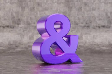 Violet 3D amperand sembolü. Fayans zemininde parlak çivit tabelası var. Stüdyo ışık yansımalı metal alfabe. 3d oluşturulmuş yazı tipi karakteri.