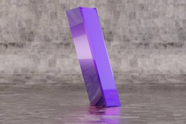 Violet 3D sırt / çizgi sembolü. Fayans zemininde parlak çivit tabelası var. Stüdyo ışık yansımalı metal alfabe. 3d oluşturulmuş yazı tipi karakteri.