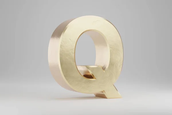 Gold 3d letter Q uppercase. Golden letter isolated on white background. Golden alphabet with imperfections. 3d rendered font character.