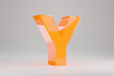 Neon 3d harfi Y büyük harf. Sarı neon harfler beyaz arkaplanda izole edilmiş. Parlak sarı neon alfabesi. 3d oluşturulmuş yazı tipi karakteri.