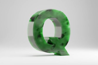 Jade 3d harf Q büyük harf. Yeşim mektup beyaz arka planda izole. Yeşil yeşim taşı yarı saydam taş alfabesi. 3d oluşturulmuş yazı tipi karakteri.