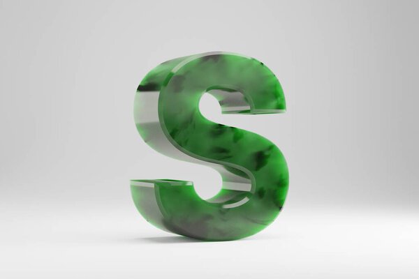 Jade 3d letter S uppercase. Jade letter isolated on white background. Green jade semitransparent stone alphabet. 3d rendered font character.