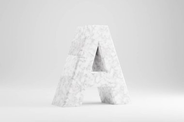 Mermer 3D harf A büyük harf. Beyaz arka planda beyaz mermer bir harf var. 3d oluşturulmuş yazı tipi karakteri.