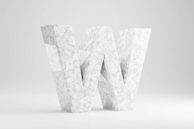 Mermer 3D harf W büyük harf. Beyaz arka planda beyaz mermer bir harf var. 3d oluşturulmuş yazı tipi karakteri.