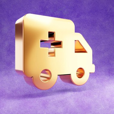 Ambulans simgesi. Mor kadife arka planda izole edilmiş altın renkli ambülans sembolü.