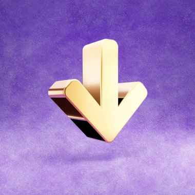 Ok aşağı simge. Altın parıltılı Ok aşağı sembol menekşe kadife arkaplan izole.