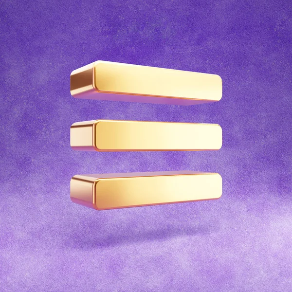 Burger menu icon. Gold glossy Burger menu symbol isolated on violet velvet background.