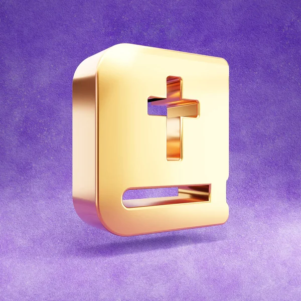 Bibelikonen. Guld glansiga Bibeln symbol isolerad på violett sammet bakgrund. — Stockfoto