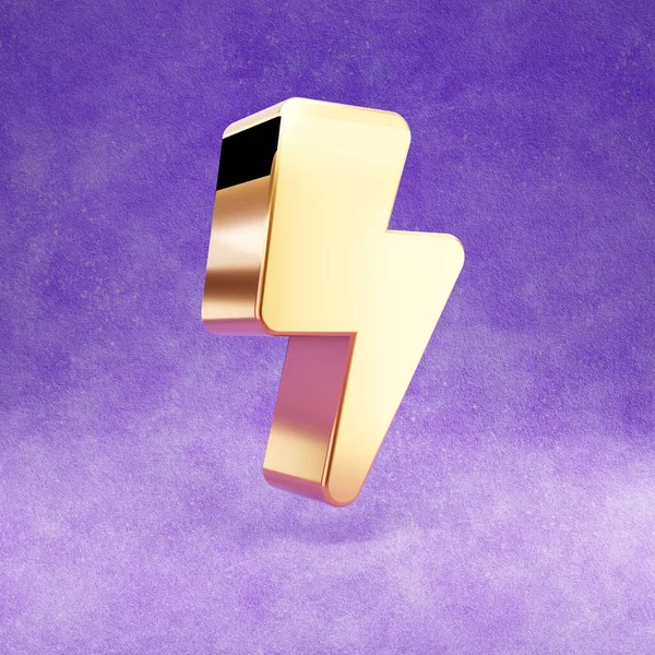 Lightning icon. Gold glossy Lightning symbol isolated on violet velvet background.