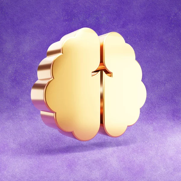 Brain icon. Gold glossy Brain symbol isolated on violet velvet background.