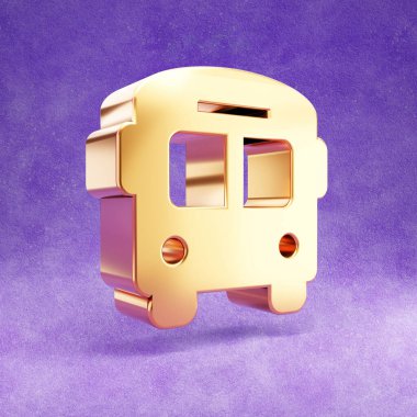 Otobüs simgesi. Mor kadife arka planda izole edilmiş altın renkli otobüs sembolü.