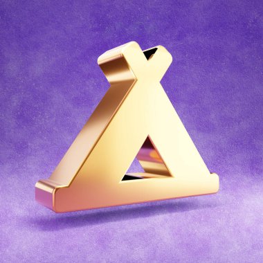 Kamp ikonu. Mor kadife arka planda izole edilmiş altın parıltılı kamp sembolü.