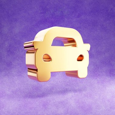 Araba ikonu. Mor kadife arka planda izole edilmiş altın renkli araba sembolü.