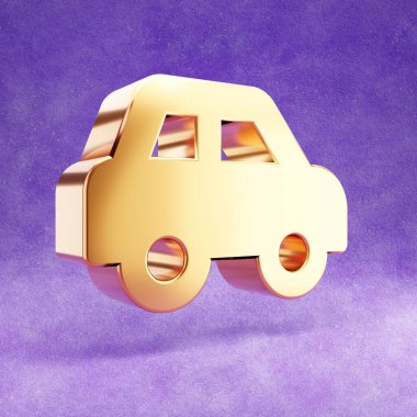 Araba ikonu. Mor kadife arka planda izole edilmiş altın renkli araba sembolü.