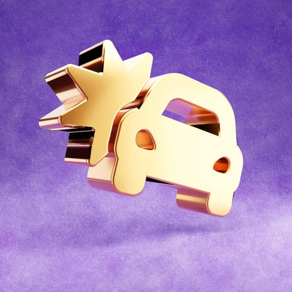 Araba kazası ikonu. Mor kadife arka planda izole edilmiş altın renkli araba kazası sembolü.