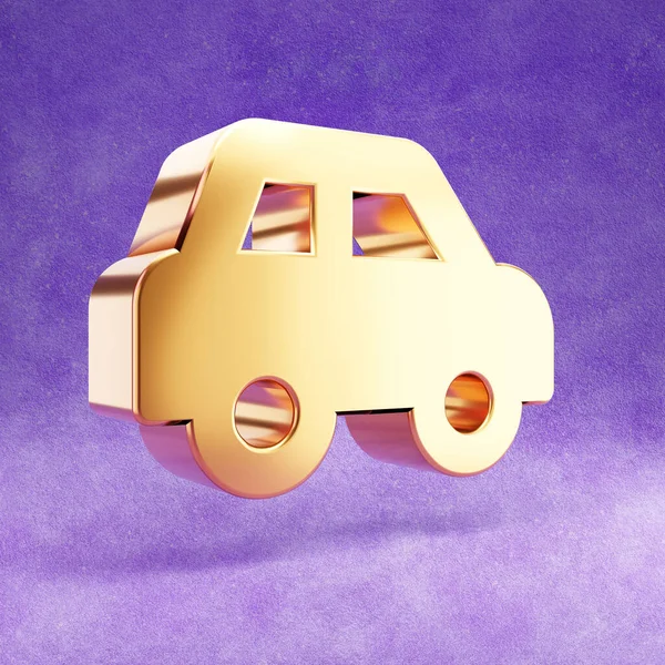 Araba ikonu. Mor kadife arka planda izole edilmiş altın renkli araba sembolü.