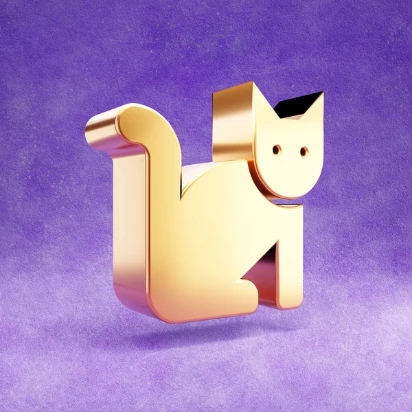 Піктограма кішки. Золотий глянсовий символ кішки ізольований на фіолетовому оксамитовому фоні . — стокове фото