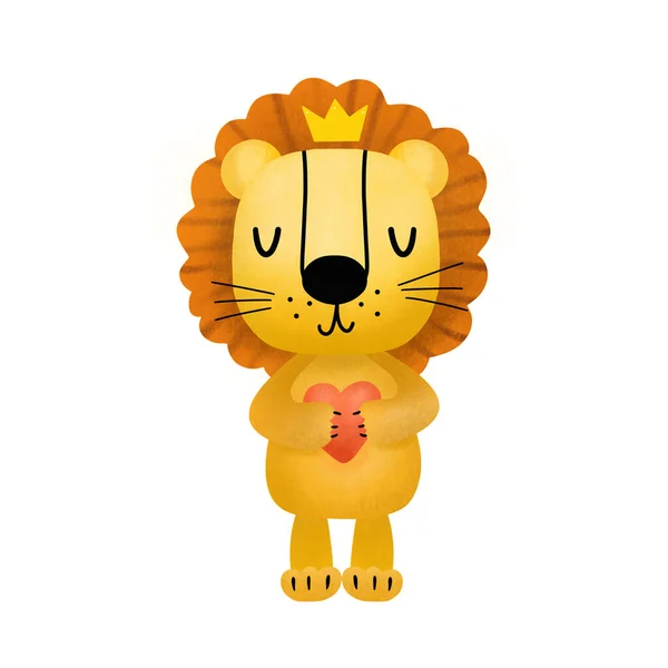 Illustration with hand drawn cute lion with heart isolated on white. Children\'s clipart for cards, posters and others.